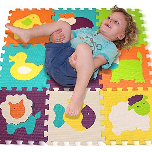 Alfombra de Juego Puzzle–Piezas de Puzzle de Encaje que Promueven el Desarrollo Sensorial Visual–Alfombra Suave para Niños–9 Azulejos con Vibrantes Imágenes–Azulejos de Suelo de Goma-EVA Mat-No Tóxico