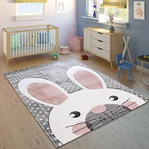 Paco Home Alfombra Infantil Habitación Infantil Contorneado Liebre Adorable Gris Crema Rosa, tamaño:140x200 cm
