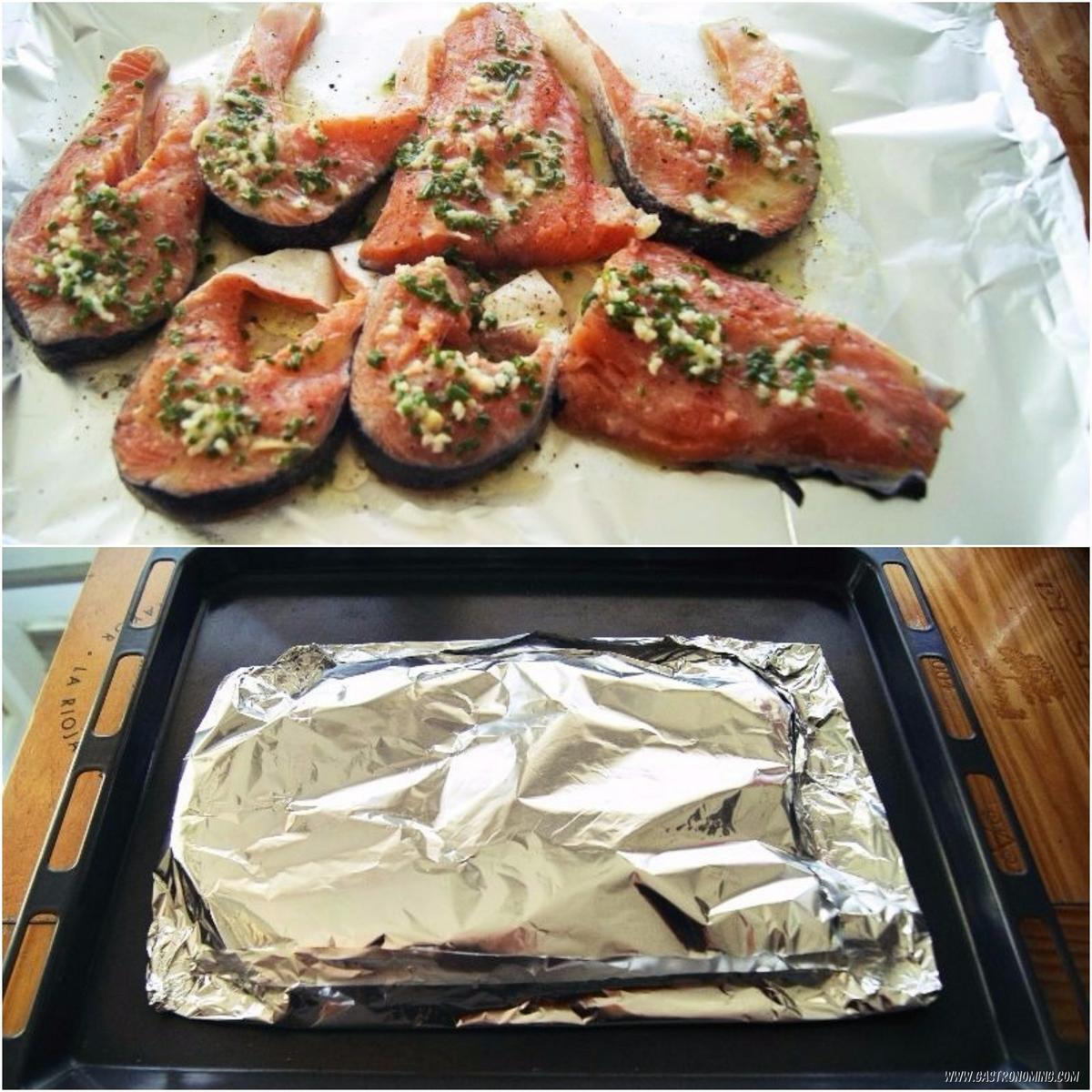 salmón con mantquilla de ajo, jengibre y limón