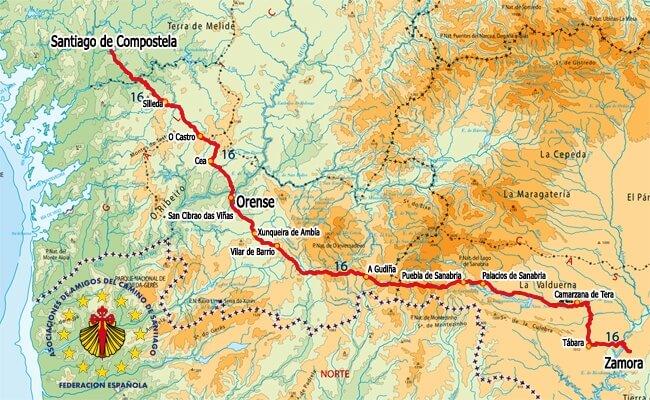 Mapa del Camino Sanabrés de la Federación Española de Asociaciones de amigos del Camino de Santiago