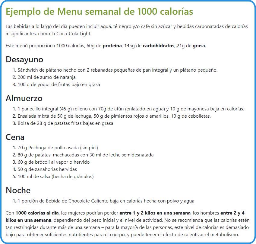Ejemplo de menú semanal dieta hipocalorica 1000 calorias