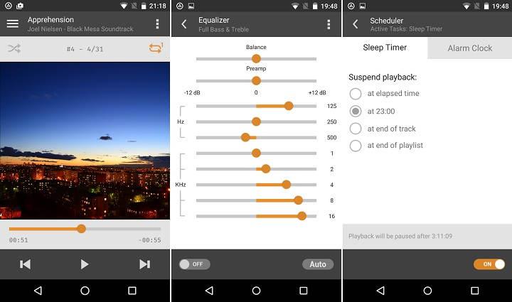 Los 10 mejores reproductores de música para Android Las mejores apps para reproducir música (local) en Android gratis AIMP Stellio Pulsar Rocket Player Phonograph BlackPlayer JetAudio DoubleTwist Shuttle Pixel Player podcasts radio online ecualizador de 12 bandas reproducción sin cortes, editor de tags, temas, material design, formatos WavPack(.wv .wvc), Monkey(.ape), MusePack (.mpc .mpp .mp+), Lossless (.mp4 .m4a .m4b), AAC (.aac .mp4 .m4a .m4b ), FLAC (.flac), Speex (.spx .wav .oga .ogg), Opus (.opus), Samples (.wav .aiff .mp3 .mp2 .mp1 .ogg), MOD music (.xm .it .s3m .mod .mtm .umx