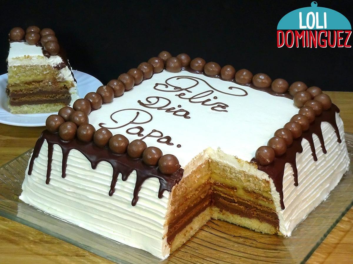 Tarta especial para el Día del Padre con relleno tarta de la abuela, bizcocho genovés almibarado, relleno de crema pastelera normal y de chocolate