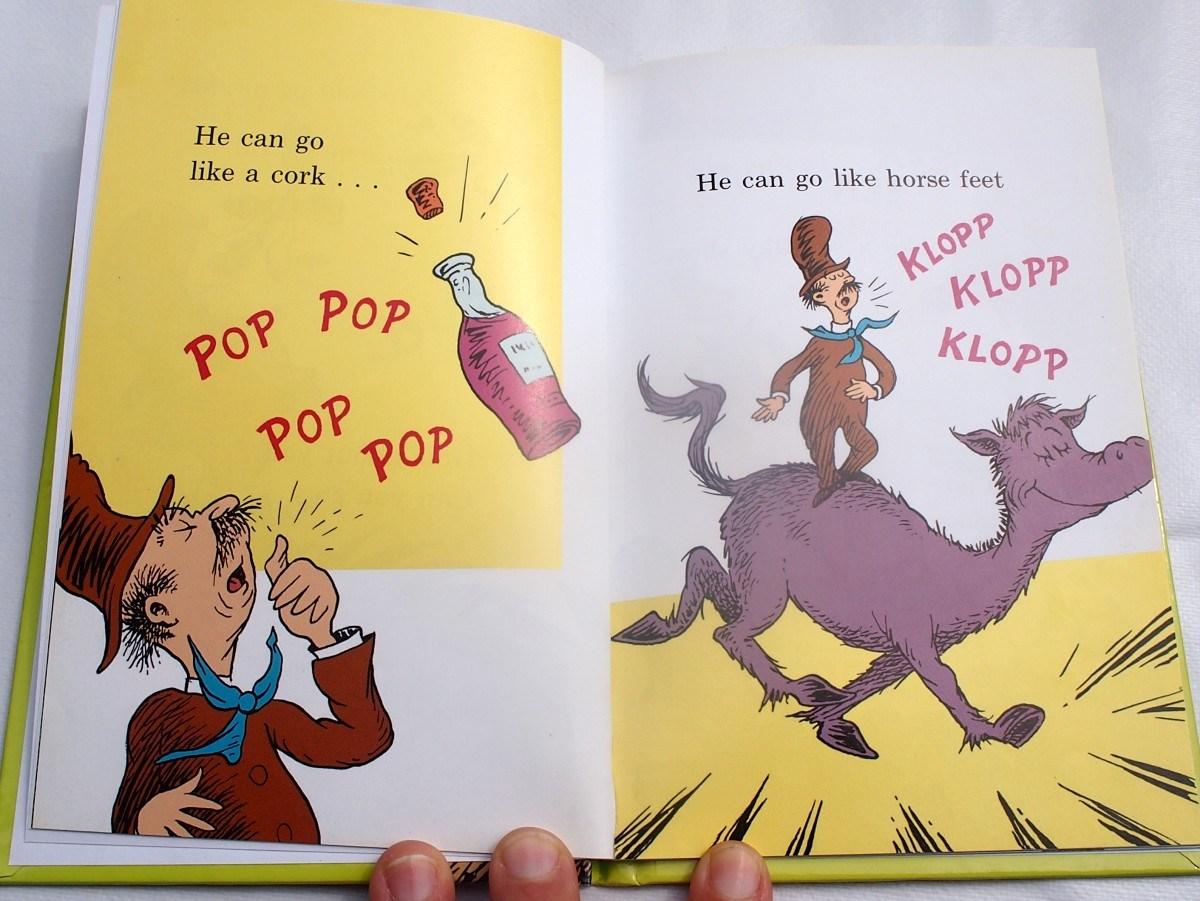 Pagina del libro Mr brown can moo donde se ve al protagonitsa haciendo ruidos de cosas y animales