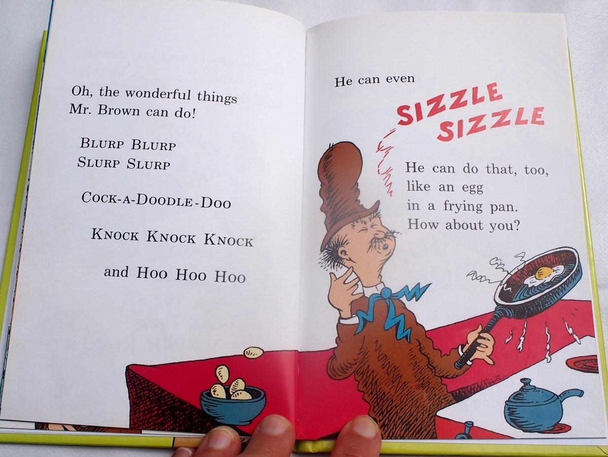 Pagina del libro Mr brown can moo, donde se esta haciendo el ruido de un huevo friendose.