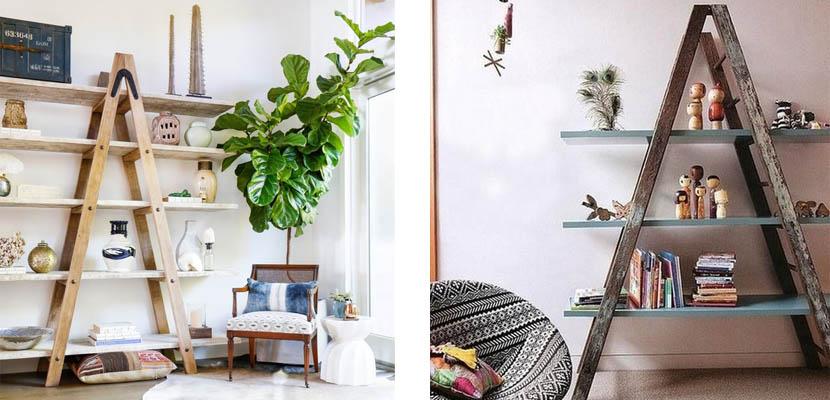 Escalera de madera como estantería