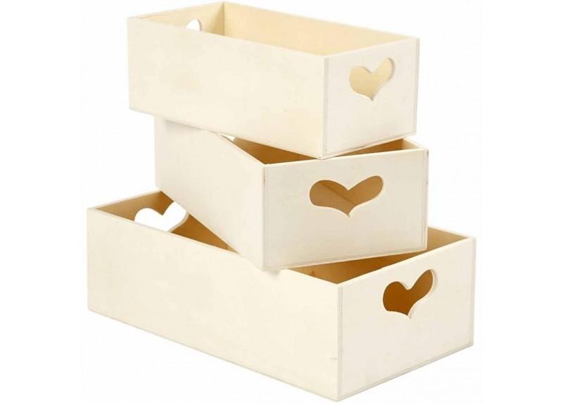 Juego de 3 cajas de madera corazón