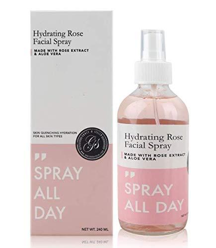 Agua de Rosa Pura Fijador Tónico Facial (Gran 240 ml) Hidratante y humectante natural Ajuste del agua del tonificador facial para refrescar la piel y el maquillaje - Botella de vidrio, vegana