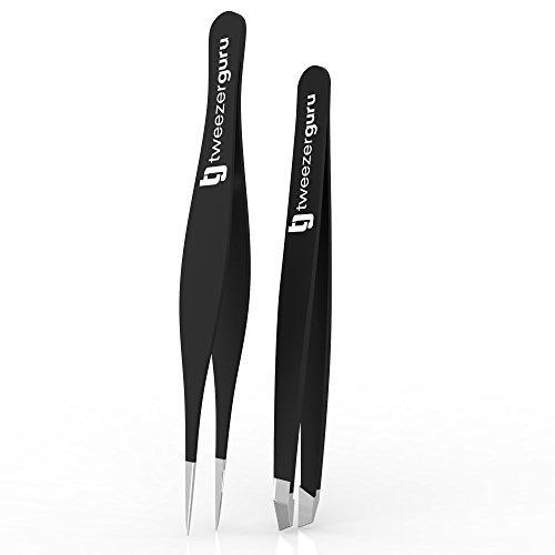 Pinzas de Depilar Profesionales Tweezer Guru Para Cejas (Set de 2) – Pinza Punta Acero Inoxidable – Gran Precisión para Pelos Faciales, Pelos Encarnados, Espinillas y Astillas (Negro)