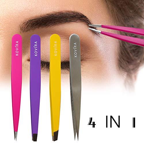 Kovira Set 4 Pinzas Profesionales con Estuche Estilo Cuero - Pinzas Rectas, Biseladas, Puntiagudas y de Precisión para Remover Vello Facial y Cejas y Colocar Extensiones de Pestañas