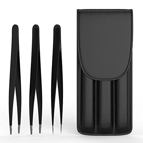 Juego de pinzas 3 en 1 de anbina® oblicuas + puntiagudas + rectas para las cejas y el pelo incl. estuche de almacenamiento en negro