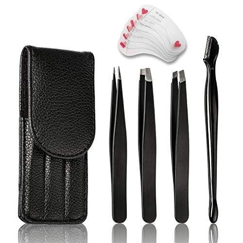Pinzas cejas, Muscccm Pinzas Cejas Profesional 3 Piezas con Punta Inclinada, Punta Plana y Puntas Acentuadas - con Maquinilla de Afeitar para Cejas y Plantilla para Modelar cejas de 6 Estilos