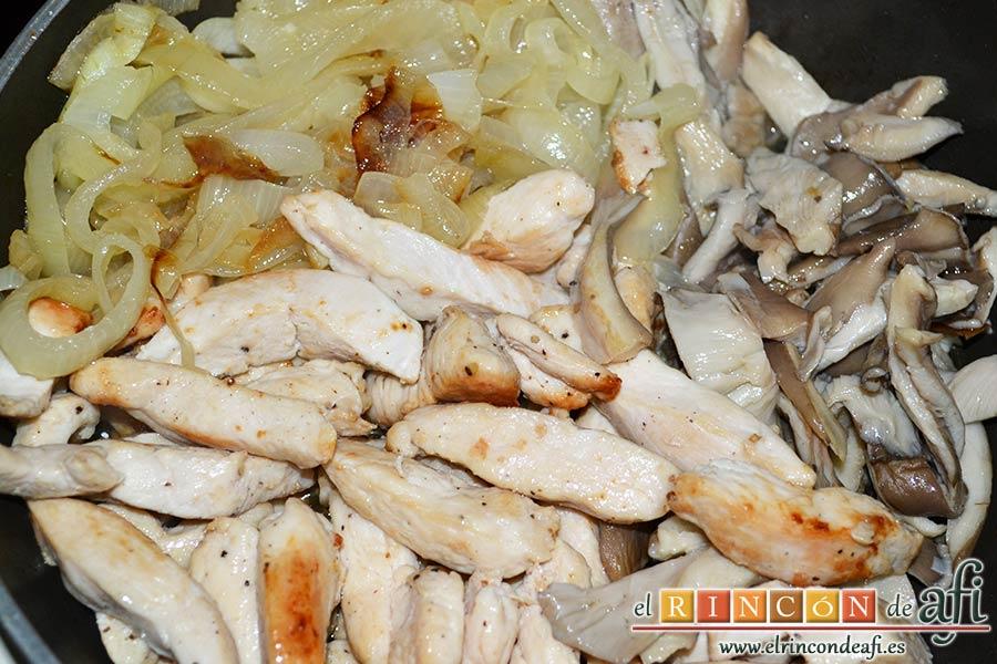 Spätzli con cebollas, setas de cardo y pechugas de pollo, añadir los demás ingredientes