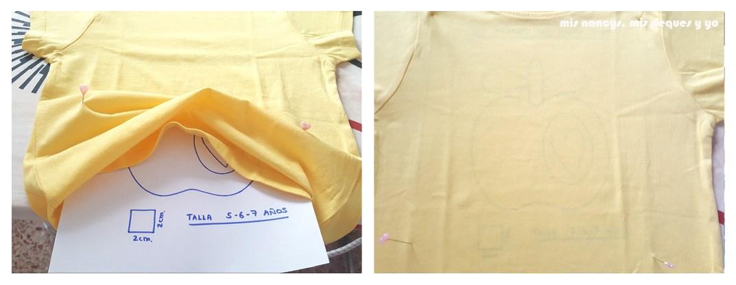 mis nancys, mis peques y yo, tutorial como personalizar camisetas, aplique de manzana, colocar alfileres de referencia