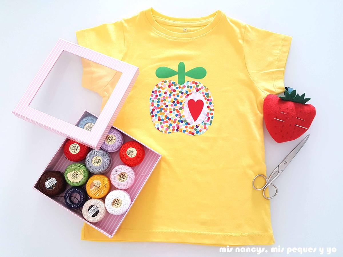 mis nancys, mis peques y yo, tutorial como personalizar camisetas, aplique de manzana, coger hilos que combinen