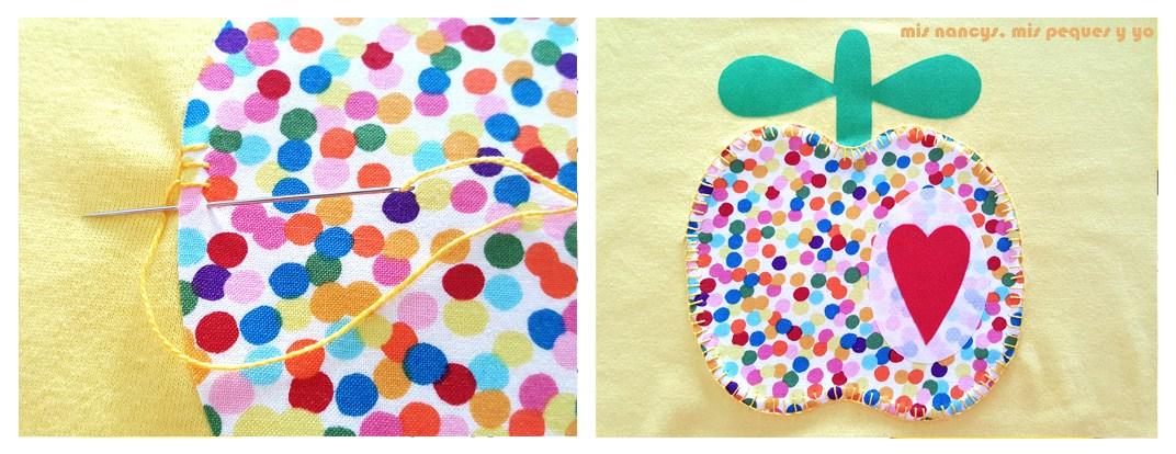 mis nancys, mis peques y yo, tutorial como personalizar camisetas, aplique de manzana, coser punto feston contorno manzana