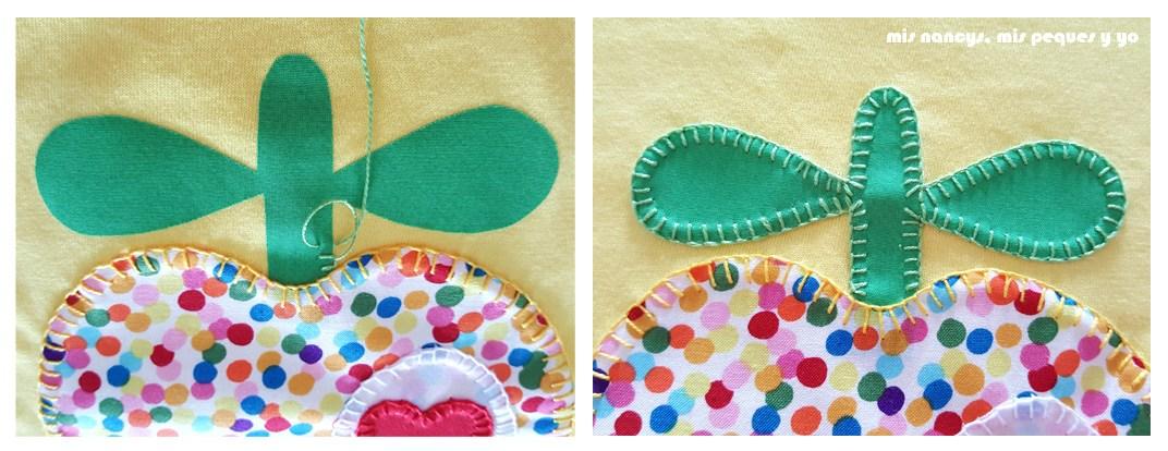 mis nancys, mis peques y yo, tutorial como personalizar camisetas, aplique de manzana, coser punto feston rabito
