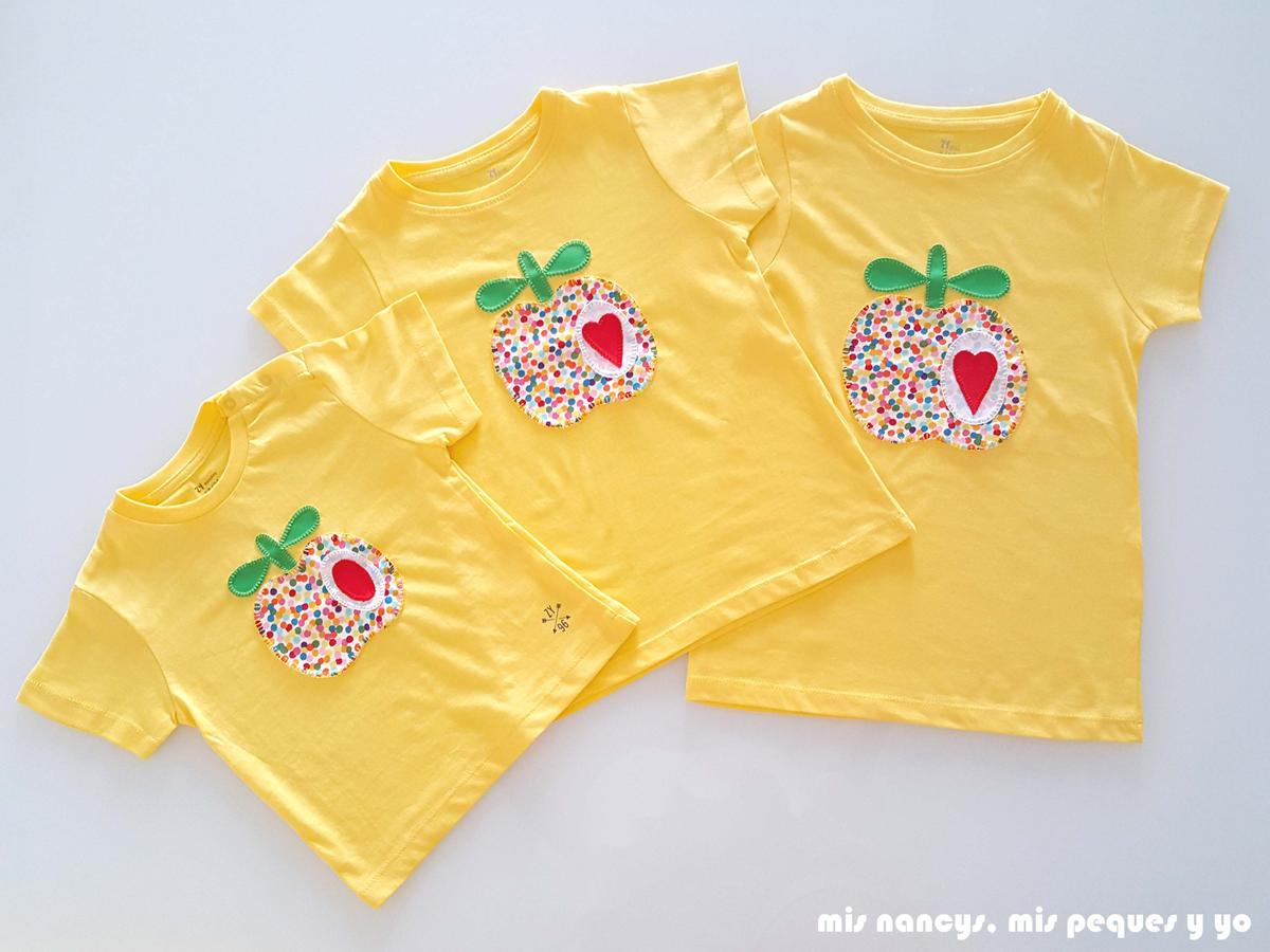 mis nancys, mis peques y yo, tutorial como personalizar camisetas, aplique de manzana, tres camisetas a juego