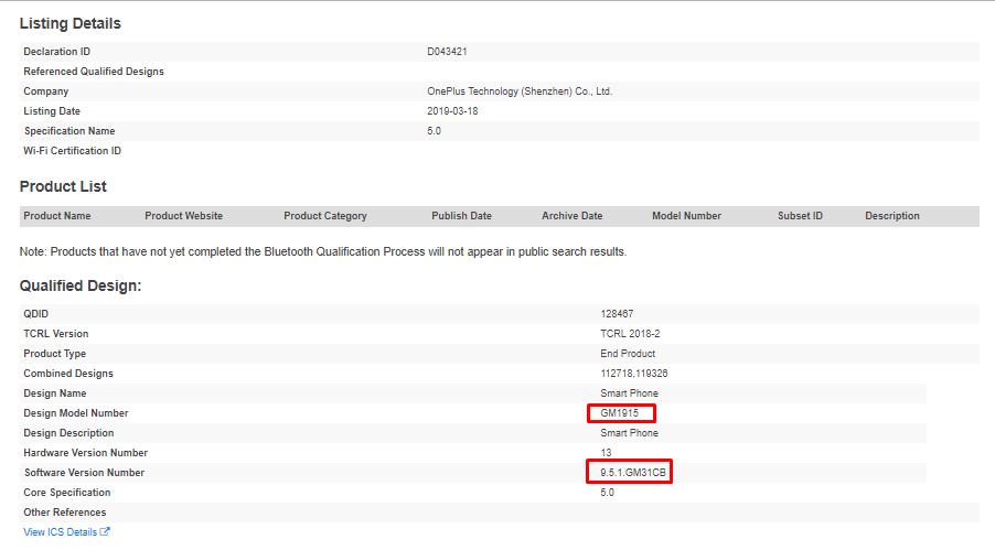 OnePlus 7 Pro Bluetooth SIG
