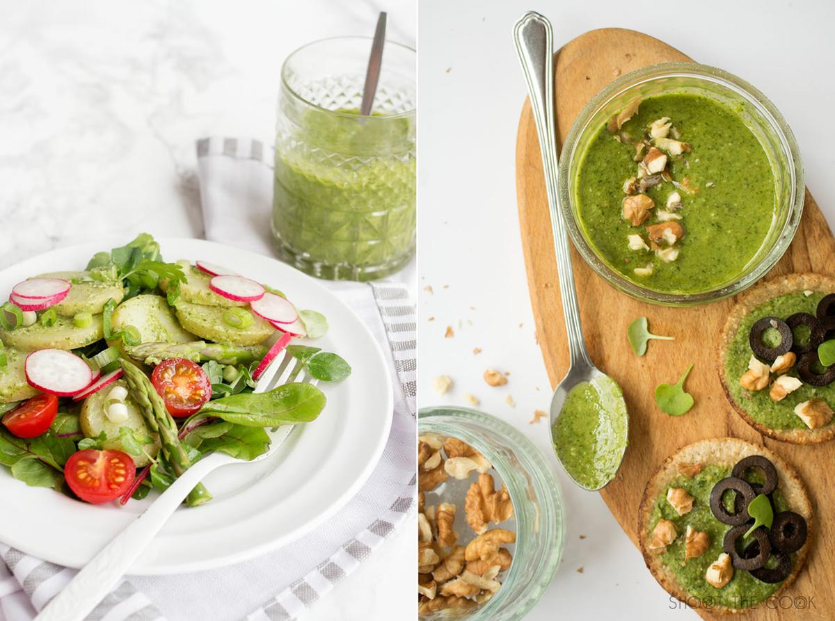 pesto de perejil, albahaca y nueces