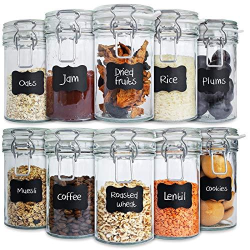 Creative Deco 10 x Tarros de Cristal Herméticos con Tapa | 10 x 500ml | Set Botes Envases Cierre de Clip | para Conserva Alimentos | 12 Pegatinas Reutilizables + 1 Tiza Sin Polvo