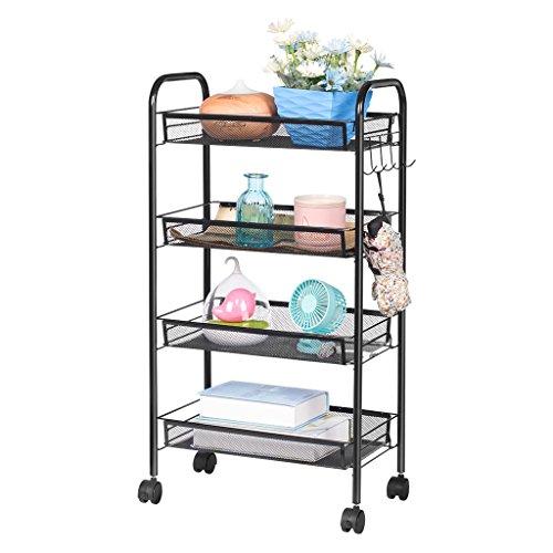 LANGRIA Carrito Multiusos Auxiliar con Ruedas 4 Baldas Cestos Rail Lateral con 5 Ganchos 25 kg Capacidad Máxima para Cocina Baño Salón Oficina 45 x 27 x 83 cm (Negro)