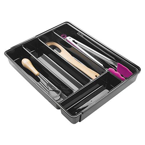 mDesign Cubertero antideslizante expandible con 6 divisiones – Organizador de cubiertos extensible para ordenar utensilios – Bandeja para cubiertos y para organizar cajones de cocina – Color: negro