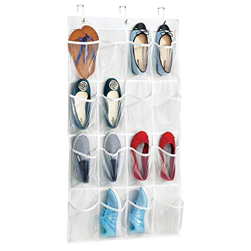MetroDecor mDesign Zapatero para Puerta con 16 Bolsillos – Organizador de Zapatos sin Taladro – Zapatero Colgante para Puertas o armarios – Práctica estantería para Zapatos – Blanco/Transparente