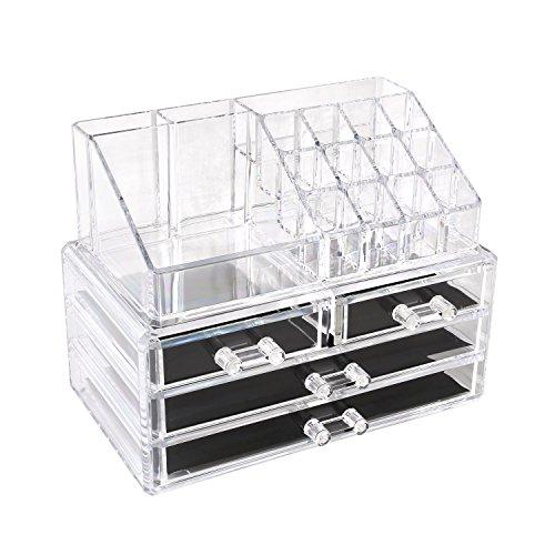 HOMFA Caja acrílica Estante de maquillajes Maquillaje Cosméticos Joyería Organizador color transparente (4 Cajones+ 16 compartimentos pequeños)