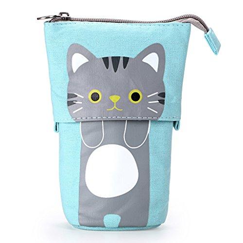 BTSKY Bolsa Estuche para Lápices Desplegable Hacia Bajado con Dibujo de Gato Encantador Bolso de Lápices Contráctil con Cremallera para Bolígrafos Plumas para Chicos (Azul+Gris)