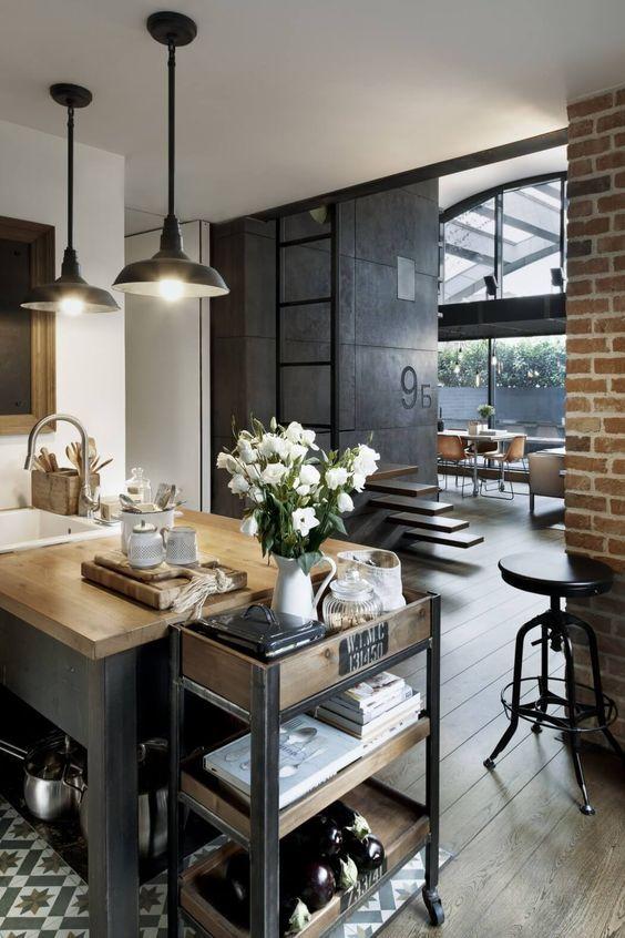decoralinks | apartamento loft industrial - cocina con suelo hidraulico
