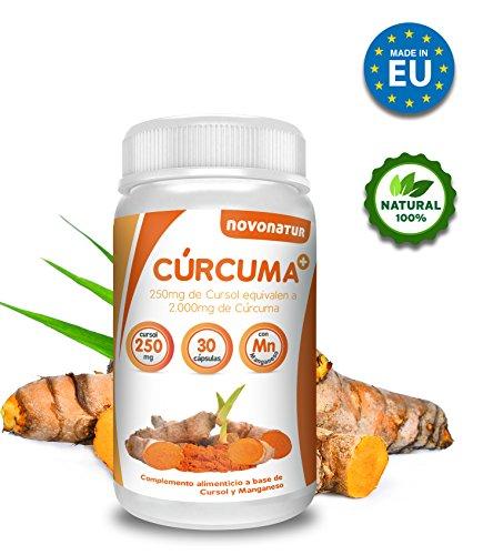 Curcuma en cápsulas con Manganeso, 250 mg de cursol equivalente a 2.000 mg de curcuma natural, potente antiinflamatorio y antioxidante natural, 30 cápsulas. NOVONATUR.