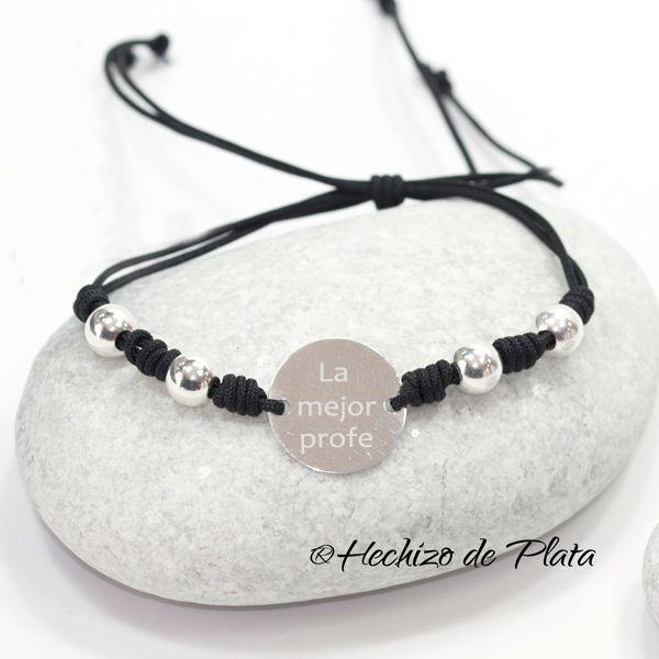 Pulsera de plata personalizable con plata y bolas con cordón negro de Hechizo de plata Joyería