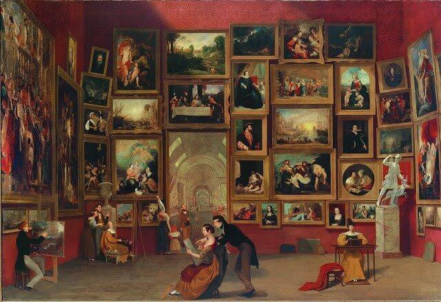 Gallery of the Louvre (1831-1833), Samuel Morse, National Art Gallery. como puede verse en esta pintura, uno de los primeros propósitos del Museo Nacional de Francia durante los primeros años fue hacer accesible a los artistas, las grandes pinturas que les servirían de modelo durante su aprendizaje.