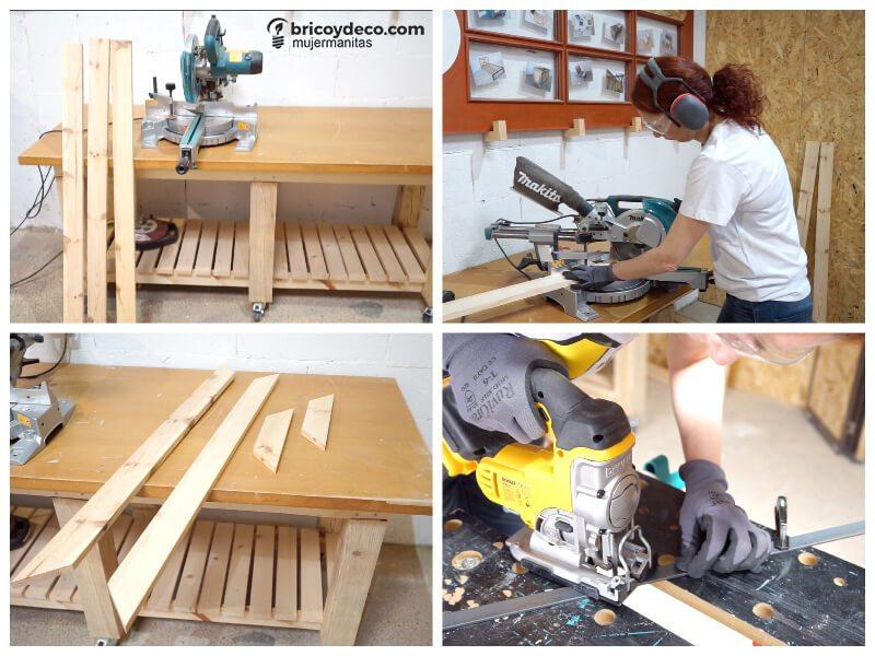 cortar las piezas para hacer un marco de madera y acero