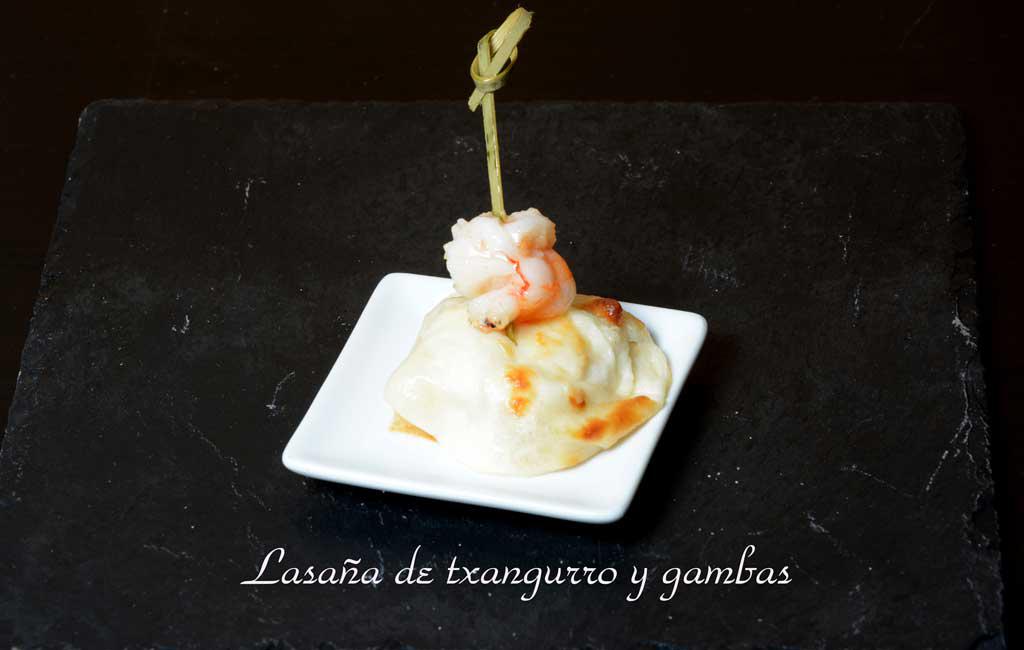 Aperitivos de boda. Lasaña de changurro y gambas