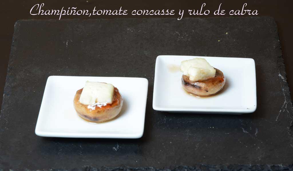 Aperitivos de boda. Champiñon tomate concasse y rulo de cabra