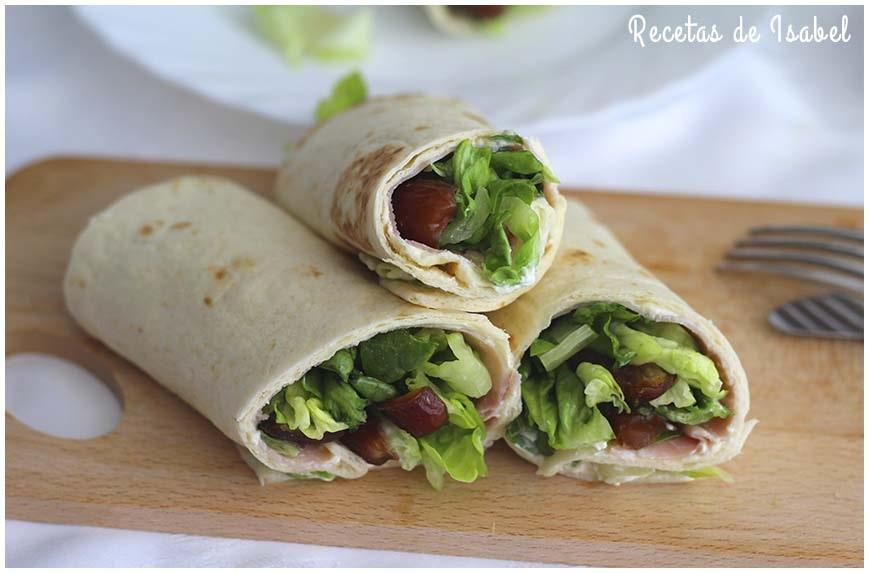 Wraps rellenos de lechuga, jamón cocido y dátiles