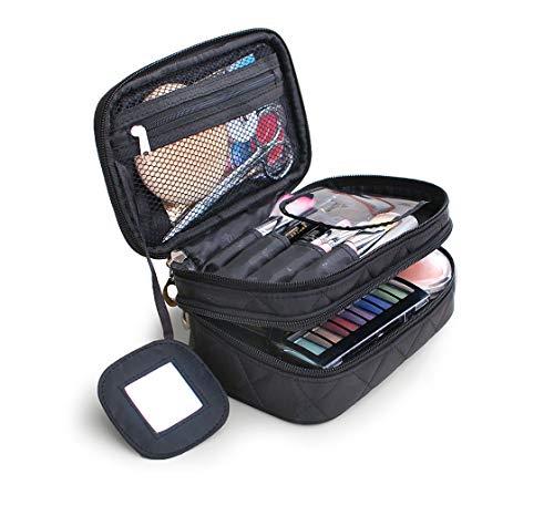 Bolsas de Maquillaje Mujeres, Bolsa de Cosméticos de Viaje, Bolsa de Aseo Hengbo de 2 Capas con Espejo - Negro