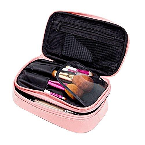 MLMSY Maquillaje Bolso pequeño cosmético para las mujeres Maquillaje cepillo Organizador de 2 capas Maquillaje bolsa titular Profesional de cuero PU funda con llevar asa para el viaje (Rosa)