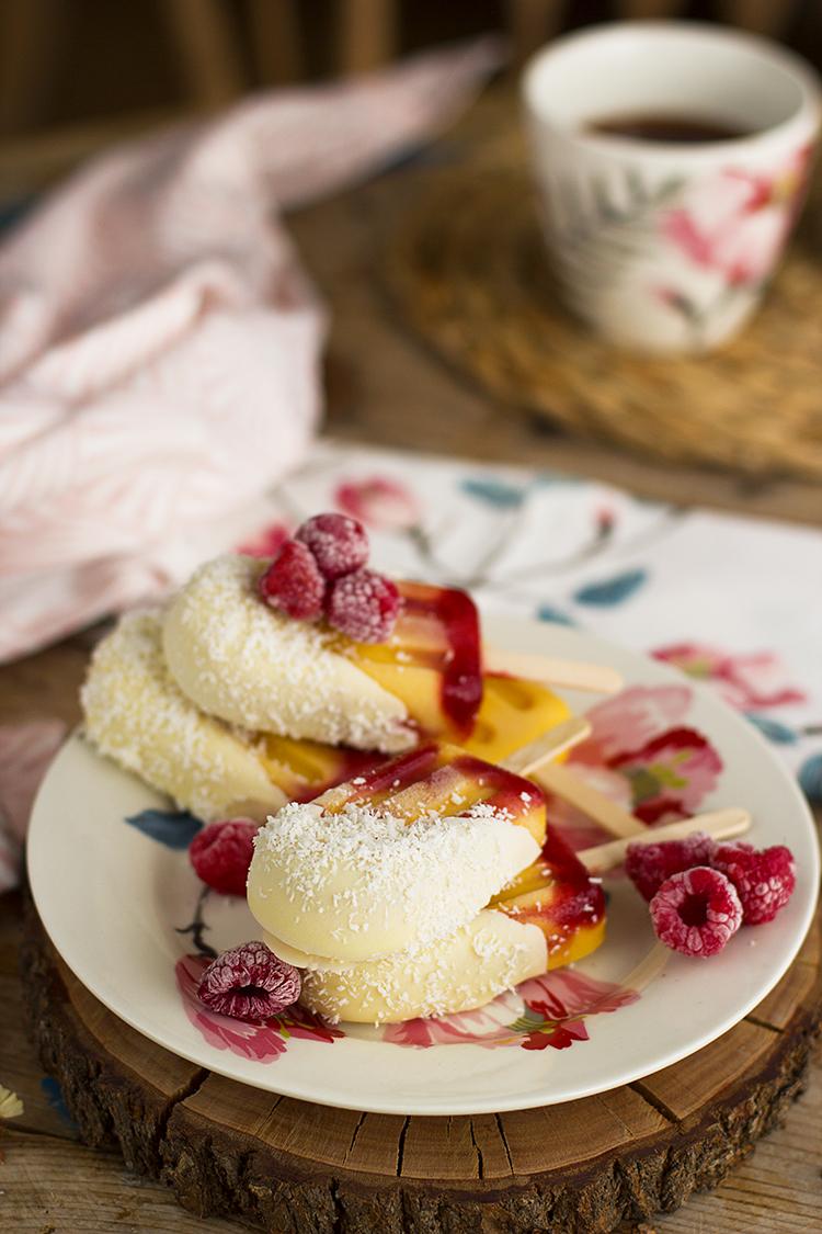 Helado de Mango, Frambuesa y Chocolate Blanco rico fácil y saludable