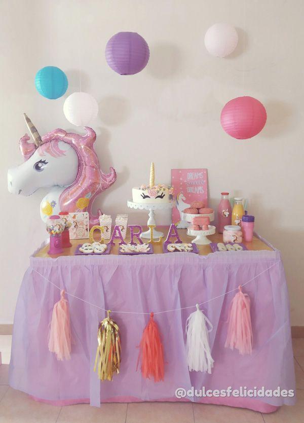 mesa dulce unicornio, fiesta temática unicornio, decoración de cumpleaños unicornio