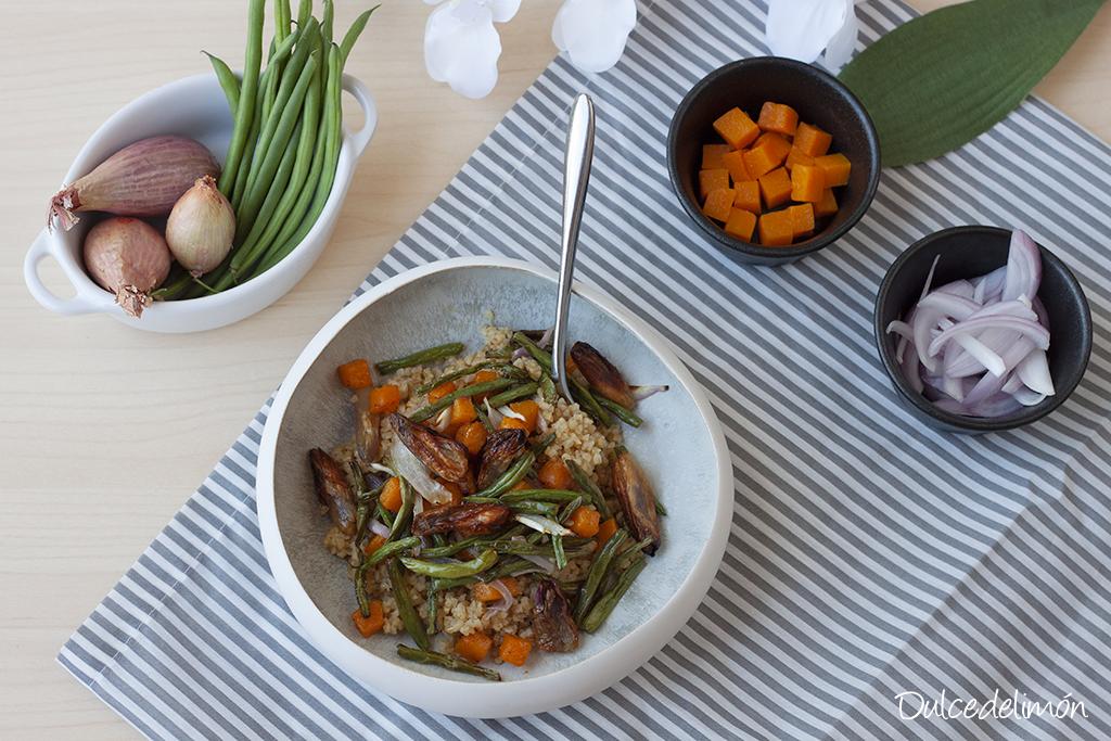Bulgur rapido con cebollas calabaza y judias