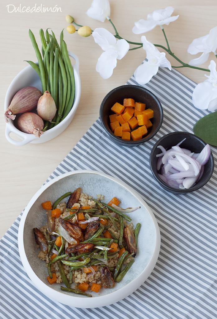 Bulgur rapido con cebollas calabaza y judias