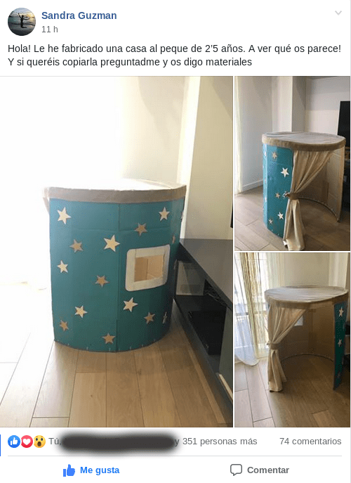 Foto de caseta hecha de carton, idea compartida en el grupo Jugar en casa