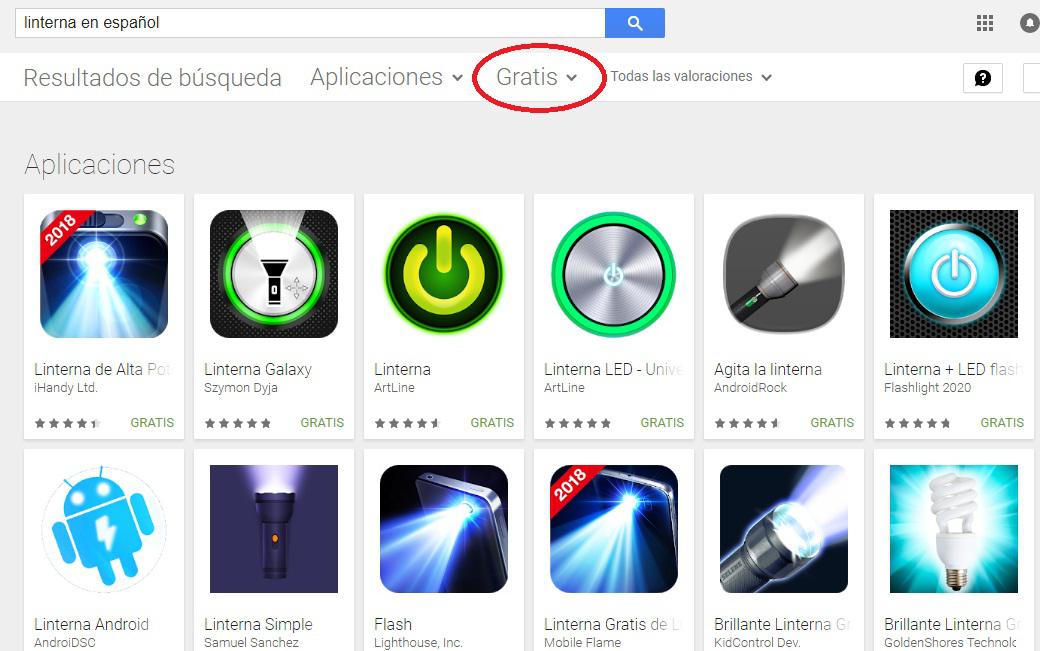 cómo buscar apps de linterna gratis en español
