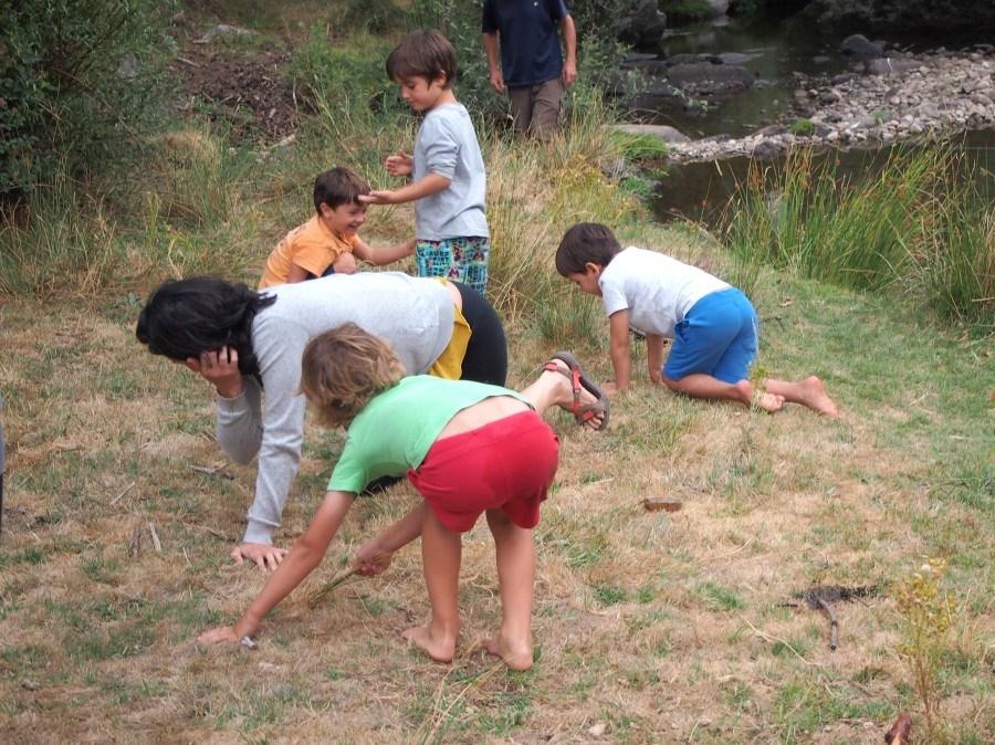 Niños jugando a juego de observación en la orilla del río