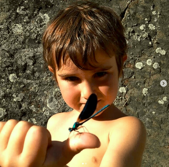 Mi sobrino con un caballito del diablo posado en la mano