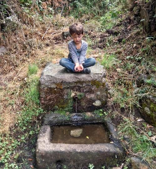 Niño con moras en mano encima de una fuente de piedra