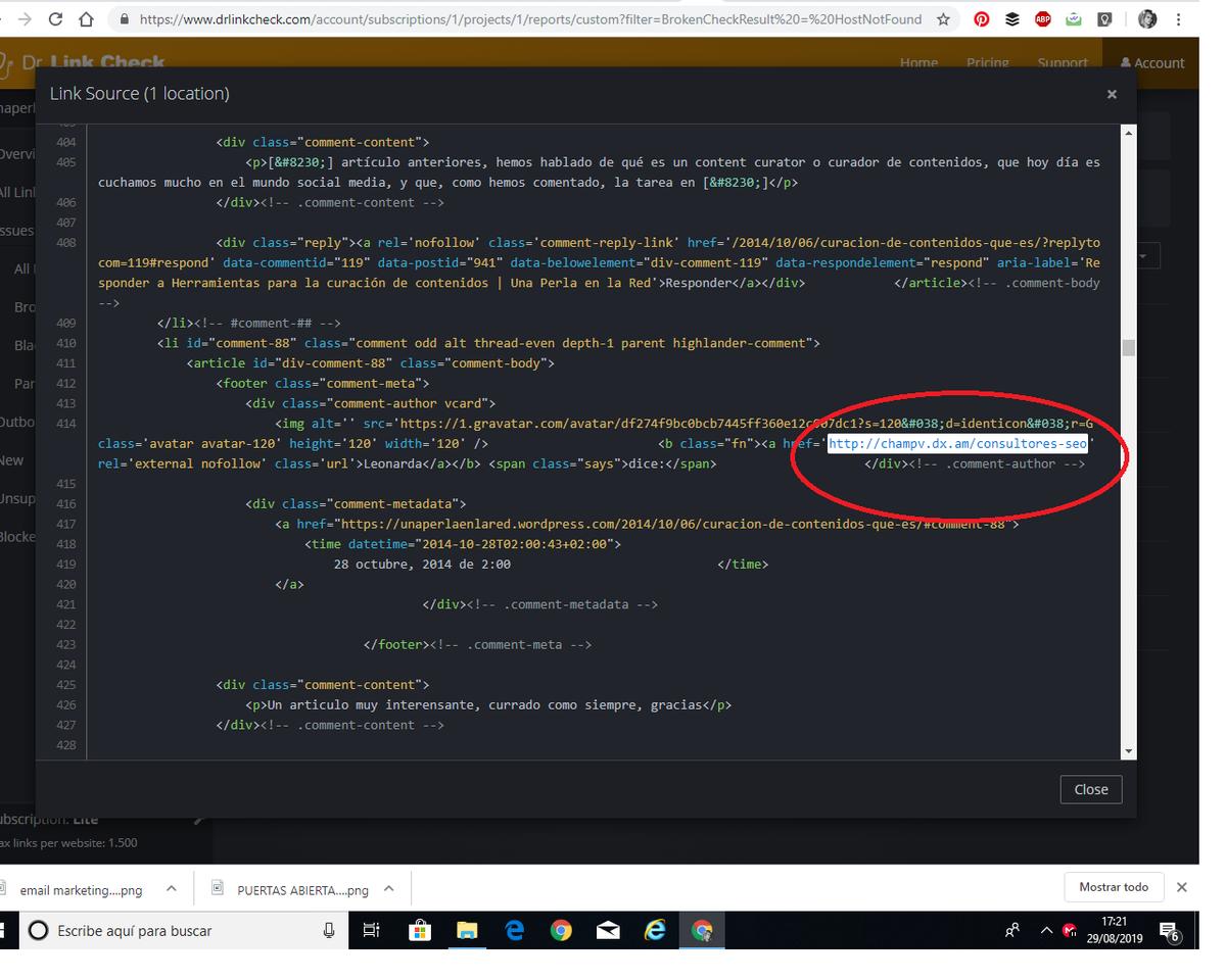 muestra de la búsqueda del enlace erróneo o roto